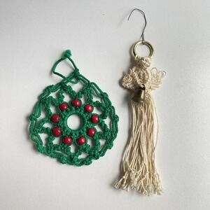 Vintage Handmade Macrame Angel Wreath‎ Ornament Christmas Decor Lot Of 2